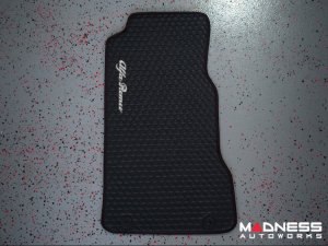 Alfa Romeo Giulia Floor Mats - Italian Leather - Front - Black w/ Red Stitching - White Script